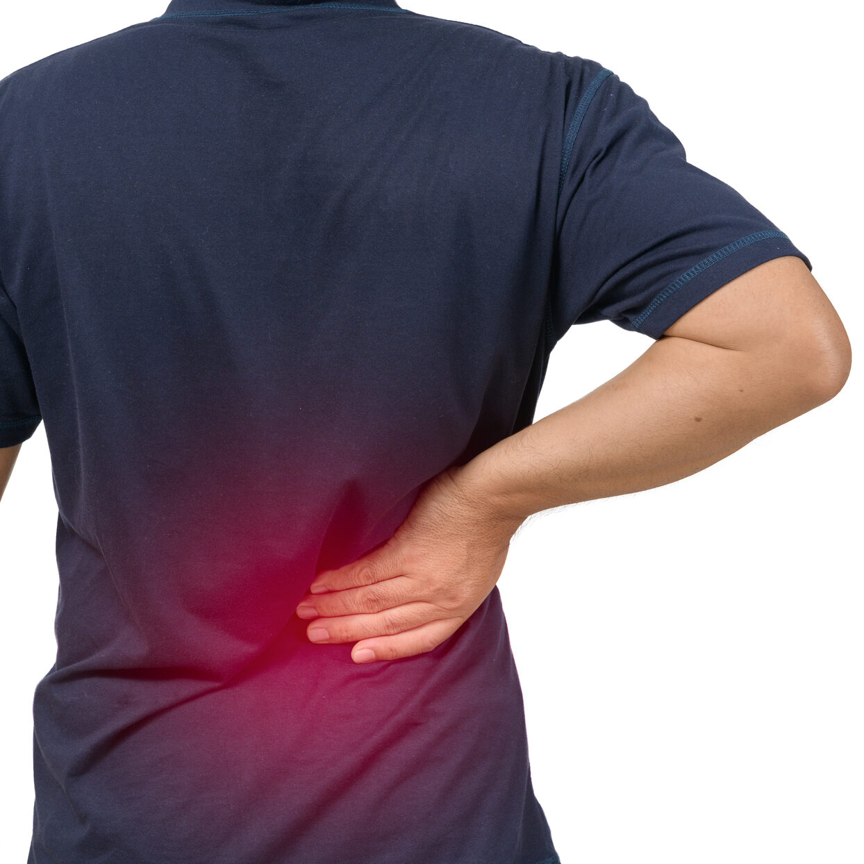 Back side of man suffering from backache isolated on white backg